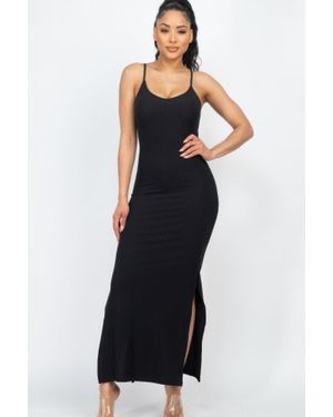 TRUEDAMES Ribbed Side Slit Long Cami Dress - Blue