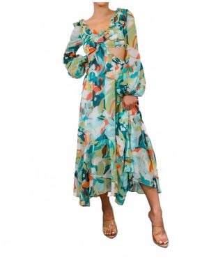 SurelyMine Bubble Sleeves Floral Cut-Out Ruffle Midi Dress - Green