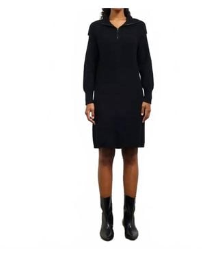 Skies Are Blue Ribbed Zip Front Sweater Dress - Black