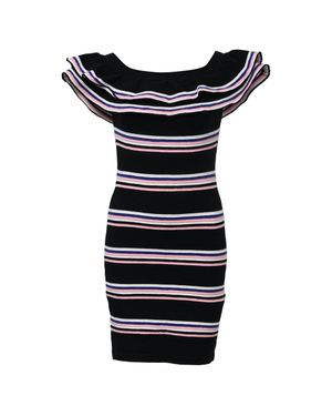 MSGM Off-Shoulder Ruffled Striped Mini Dress - Black