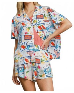 Umgee Tropical Resort Print Elastic Waist Shorts - Blue