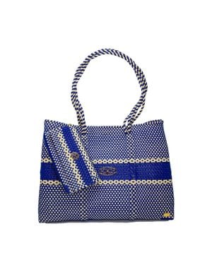 Lolas Bag Travel Woven Striped Tote Bag With Clutch - Blue