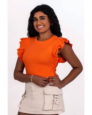 Day + Moon Ruffle Shoulder Rib Top - Orange