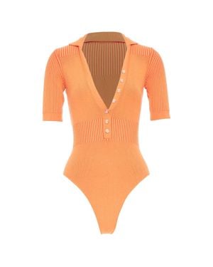 Jacquemus Le Body Yauco Ribbed Knit Plunge Polo Bodysuit Top Fr36 S - Orange