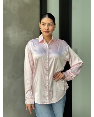 TRUEDAMES Rhinestone Diamond Lined Button Down Satin Blouse - Pink