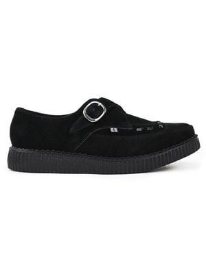 T.U.K Footwear Tuk Pointed Creeper Suede Monk Buckle Platform Shoes - Black