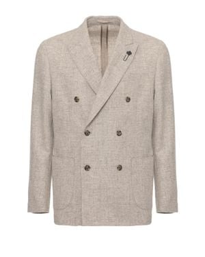 Lardini Wool Double-Breasted Blazer With Iconic Peak Lapel Pin - Gray