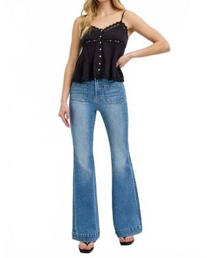 Risen Elastic Band High Rise Flare Front Patch Pocket Jeans - Blue