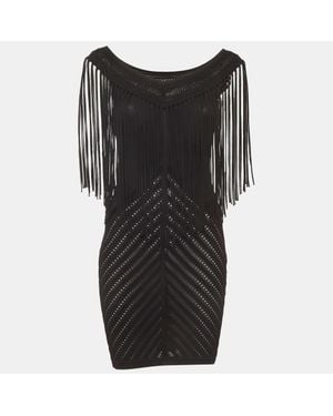 Roberto Cavalli Knit Fringed Sleeveless Mini Dress - Black