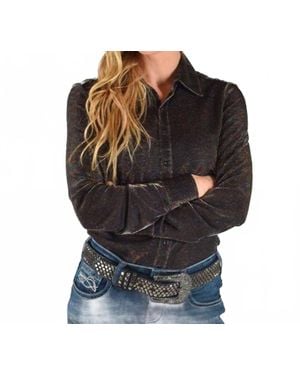 Cowgirl Tuff Pullover Stretch Shimmer Long Sleeve Top - Black