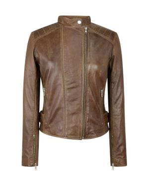 TruClothing Leather Jacket Cross Zip Nehru Collarless - Brown
