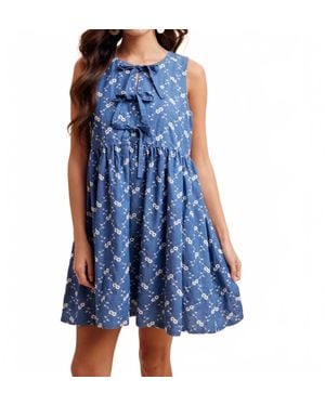 In-Loom Eleanor Chambray Embroidered Bow Mini Dress - Blue