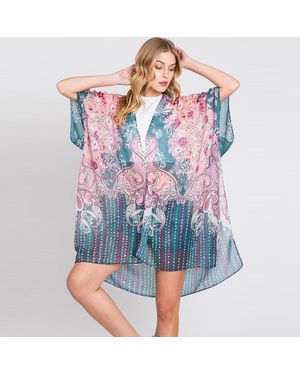 Discountinued Abstract Flower Print Kimono Poncho - Blue