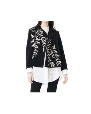 Oscar de la Renta Beaded Embroidery Open Front Wool Blazer - Black