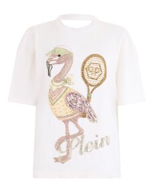 Philipp Plein Open Back Fit T-Shirt Flamingo Crystals - White