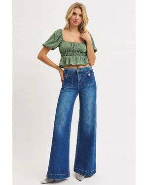 Risen Mid-Rise Wide Front Patch Pocket Western Jeans - Blue