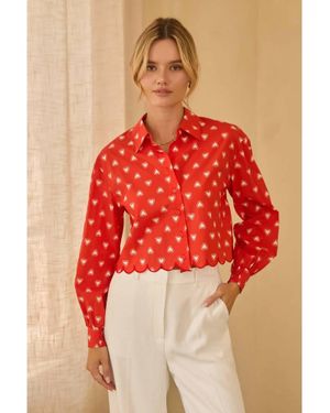 Skies Are Blue Heart Poplin Scalloped Trim Top - Red