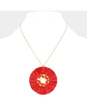 Fashnzfab Stone Embellished Raffia Fringe Circle Pendant Necklace - Red