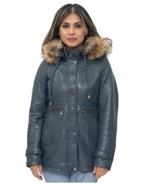 Infinity Leather Leather Hooded Parka Jacket-Putian - Blue