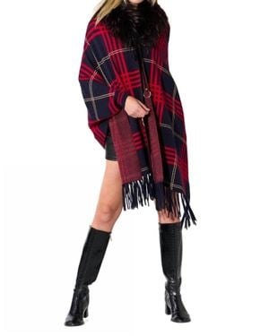 oolala Plaid Cape With Fur Collar - Black