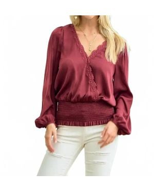 Doe And Rae Smocked Waist Surplice Top With Lace - Red