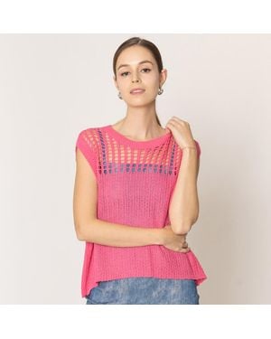 TRUEDAMES Chest Blocked Crochet Poncho Vest - Pink