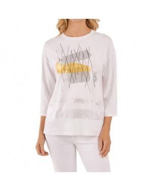 Lemon Grass Abstract Three-Quarter Sleeves Top - White