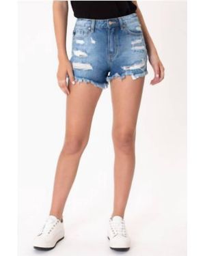 Kancan Pastel Thread Distressed Denim Shorts - Blue