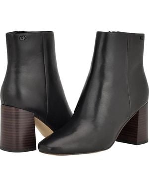 Calvin Klein Broma Boots Leather Block Heel Ankle Bootie Lion307 - Black