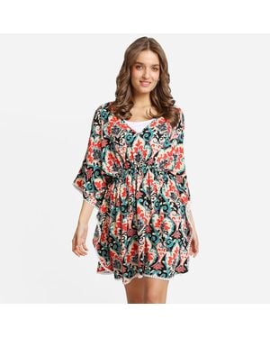 TRUEDAMES Boho Floral Print Drawstring Mini Tunic Dress - Red