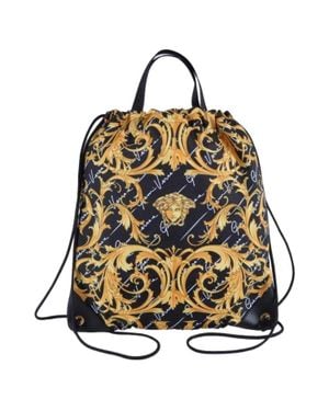 Versace Nylon Barocco Signature Print Drawstring Backpack - Black