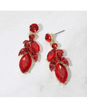 Fashnzfab Marquise Gem Steon Cluster Embellished Drop Evening Earrings - Red