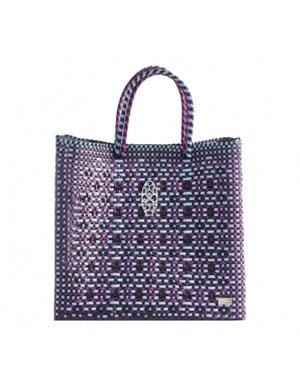 Lolas Bag Medium Woven Patterned Shoulder Strap Tote Bag - Blue