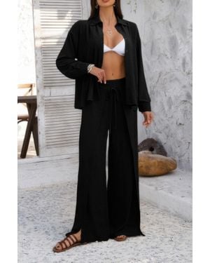 TRUEDAMES Two Pieces Split Solid Button Down Sets - Black