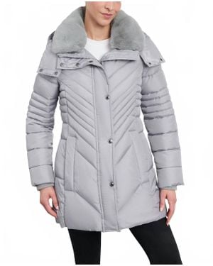 London Fog Zip-Front Hooded Puffer Jacket With Button-Off Fur Collar - Gray