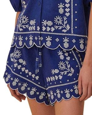 FARM Rio Linen-Blend Embroidered Shorts - Blue