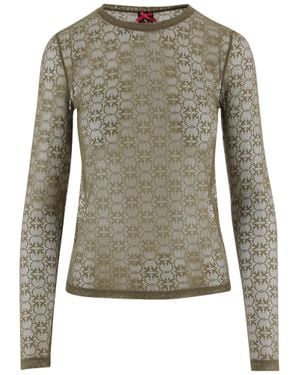 Pinko Stretch Fabric Sweater With Semi-Sheer Lace And Logo Motif - Gray