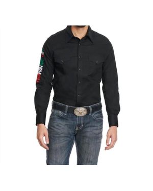 Rock & Roll Denim Embroidered Mexico Logo Long Sleeve Western Shirt - Black