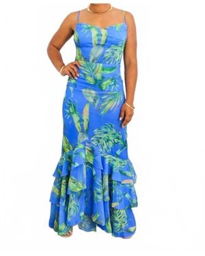 SurelyMine Bold Leaf Print Maxi Dress With Ruffle Hem - Blue
