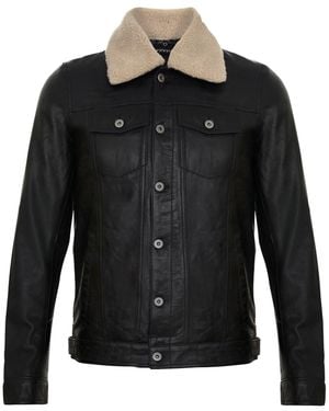 Infinity Leather Removable Collar Leather Trucker Jacket-Zagreb - Black