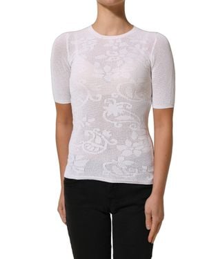 Alpha Studio Floral Lace Knit Fabric Short Sleeves Blouse Top - White