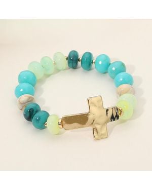 Fashnzfab Hammered Polished Metal Cross Accent Resin Flat Disc Beaded Stretch Bracelet - Blue