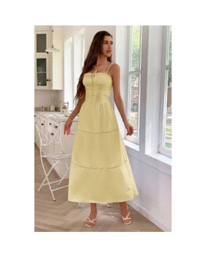 TRUEDAMES Solid Button Decor Pintuck Eyelet Shirred Dress - Metallic