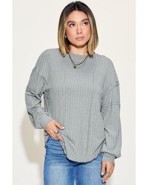 TRUEDAMES Basic Bae Full Size Ribbed Round Neck Long Sleeve T-Shirt - Gray