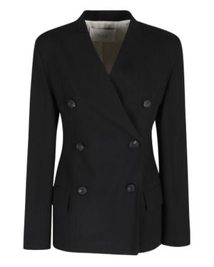 Tela Cles Double-Breasted V-Neck Linen-Blend Jacket - Black