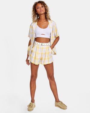 RVCA Downer Sweat Shorts Plaid Woven High Waisted Jdm504 - Natural