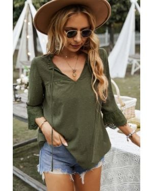 TRUEDAMES Swiss Dot Lace Splicing Sleeve V Neck Blouse - Green