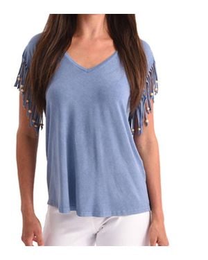 Angel Stone Wash Cut Out Fringe Beaded Sleeve Top - Blue