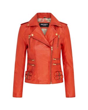 TruClothing Real Lamb Nappa Leather Vintage Gothic Buckle Biker Jacket - Red