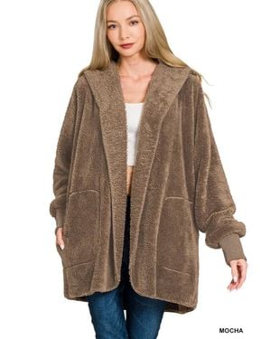 TRUEDAMES Hooded Faux Fur Jacket With Pockets - Brown